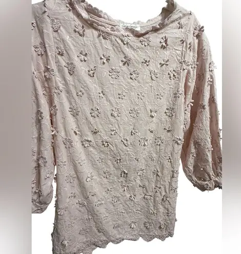 Romantic Pink Floral Appliqué Blouse Cottagecore Vibes Whimsical Scalloped Sz S