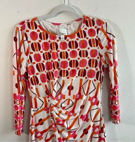 Donna Morgan Dress Round Neck Orange Pink on White Gathered Waist Sz 6 EUC