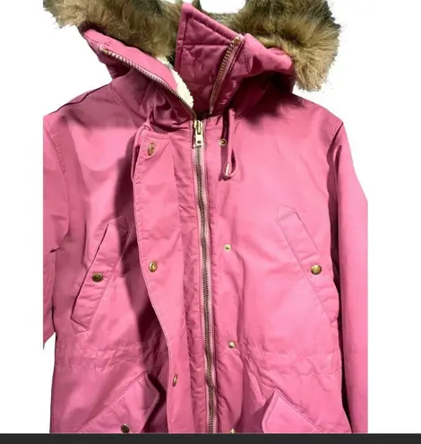 J.Crew  Primaloft Pink Parka Coat Full Zip Snap Buttons Faux Fur Hood Size 