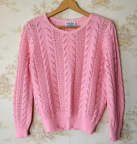 Vintage 60s 70s Cuddle Knit pink eyelet cable knit coquette cottagecore sweater Size M