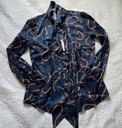 Navy & Gold Chains Satin Pussybow Blouse Blue Size 10