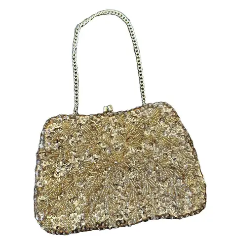 Vintage Gold Beaded Evening Bag Art Deco Flapper Hong Kong Kiss Lock Chain