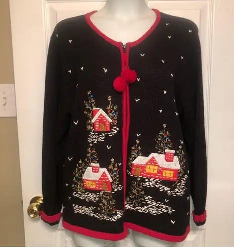 Christmas Cabins at Night Size XL Tacky Ugly Holiday Zip Cardigan Sweater Pom