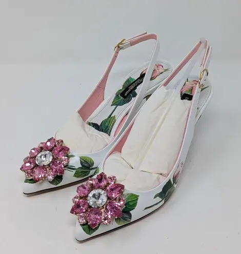 Dolce & Gabbana Jeweled Bellucci Floral Print Slingback Heels White and Pink 35