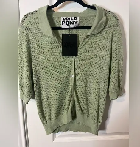 Wild Pony NWT Openwork Knit ButtonUp Unlined Polo Straight Design Cardigan Sz Sm Green