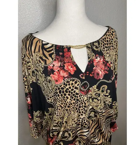 Thalia Sodi Designer Dress XXL Blouson Braided Gold Belt Black Open 3/4 Sleeve