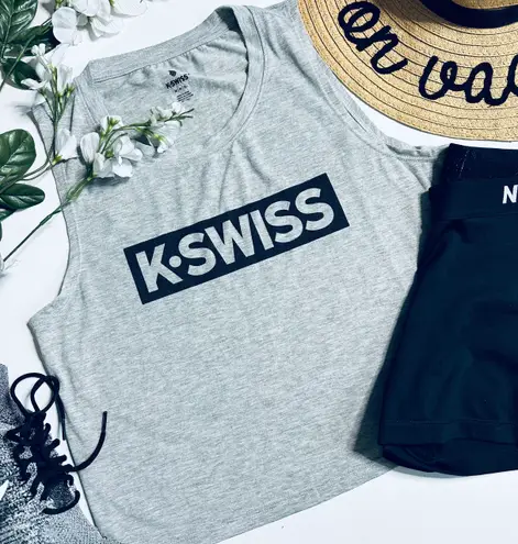 K-Swiss heather gray/black write out logo backspin crop tank top