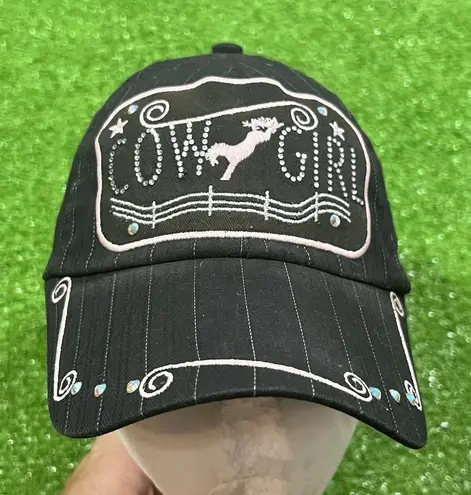 Vintage Women’s Western Hat Rodeo Bronc Riding Cap Y2K Cowgirl M&F Bling Stripe Black