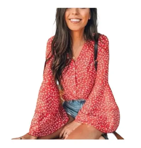 Goodnight Macaroon Bell Sleeve Ruffle Floral Blouse Button Down Top Size Medium