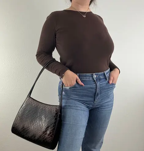 Vintage 90s Black Dark Brown Shiny Faux Leather Croc Embossed Shoulder Bag