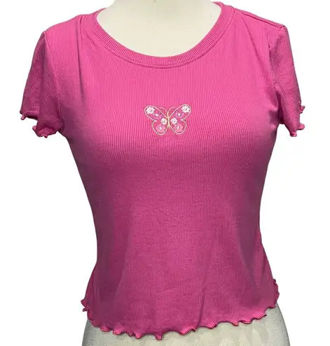 Cut and cropped Baby Tee Womens S Pink Ribbed Embroidered Butterfly Barbie Y2K