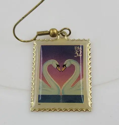 Swan Love 32 Cent Stamp Dangle Earrings Heart Gold Tone Postage Mail USA