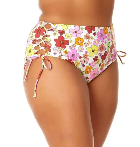 California Sunshine High Waisted Floral Bikini Bottom Lace-Up Sides White 1X