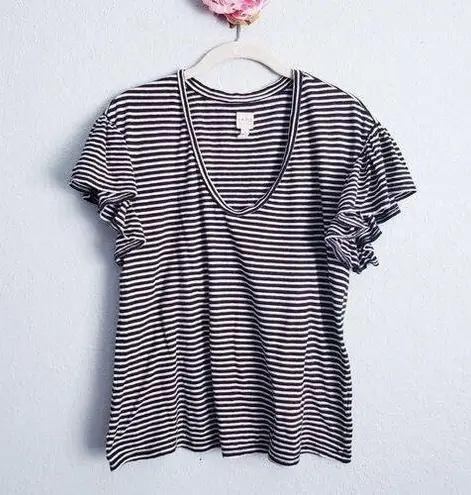 Rebecca Taylor La Vie  Black and White Striped V-neck Ruffle Tee