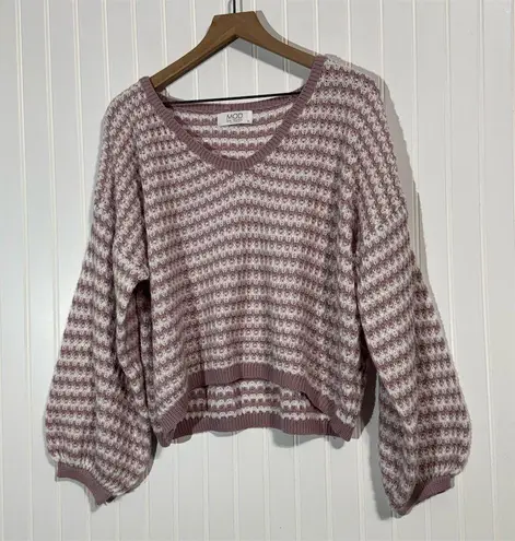 Mod On Trend Pink White Balloon Sleeve Sweater Women’s Small Cottagecore Knit