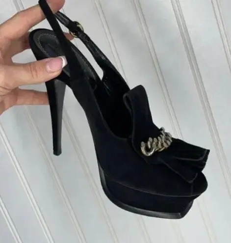 Yves Saint Laurent Black Suede Fringe Chain Open Toe Slingback Stiletto Heel 8.5