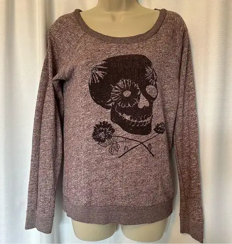 Volcom Women  Skully Head Crew T Shirt Long Sz S Marled Lavender Sweatshirt Skull