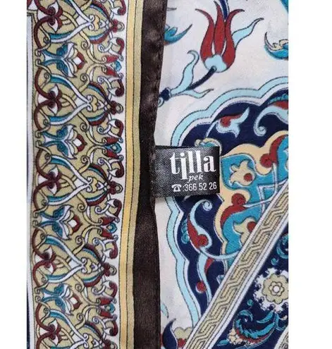 Tilla 100% Silk Scarf Rectangle in Turquoise Rust Floral Border Print Blue