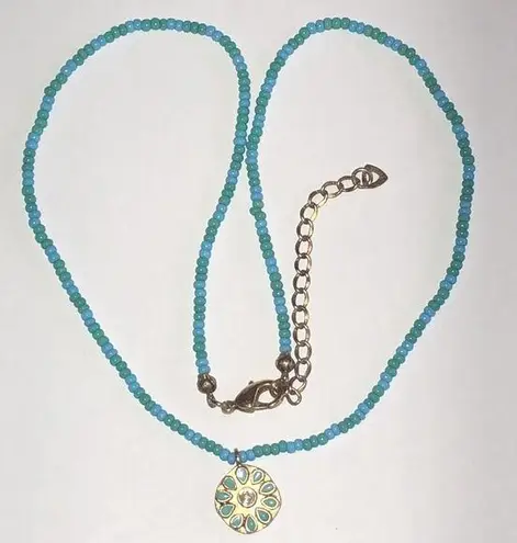 Blue Teal Green Seed Bead Beaded Dainty Flower Pendant Necklace