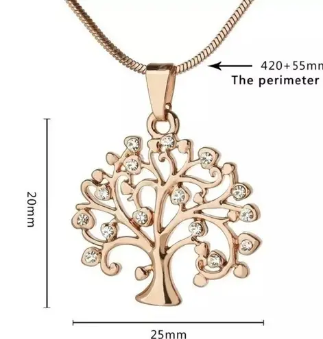 Boutique Tree of Life Pendant Delicate Snake Bone Chain Crystal Round Pendant Necklace