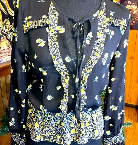 New with tags Renamed small black sheer floral cinched button down shirt boho