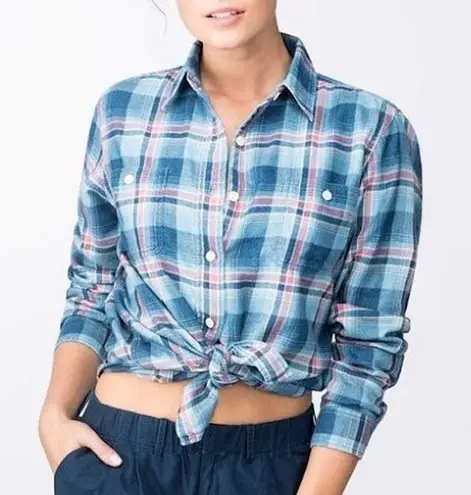 Faherty Seasons Workshirt Long Sleeve Button Up Light Indigo Sand Plaid Medium