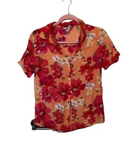 White Stag bright floral button up short sleeve blouse