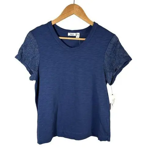 WILT Shrunken Crew Tee with Lace Sleeves Slub 100% Cotton Small Blue
