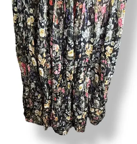 Vintage 90s Black Dark Floral Crinkle Maxi Skirt Pleated Semi Sheer Tie Waist Size L
