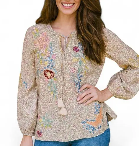 Johnny Was heavily embroidered Indalo Pintuck Blouse RARE (oversized)