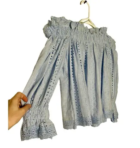 Endless Rose NWOT  Women Small Blue Off Shoulder Blouse Eyelet Top Embroidered