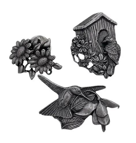 Birds and Blooms Set of 3 Pewter Pins Brooches Hummingbird Birdhouse Flowers Gray