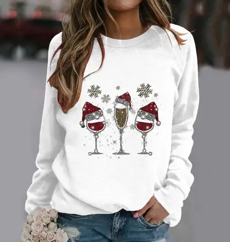 Holiday Fleece Cream Pullover Sweater Women's Sequin Wine Champagne Glass NWT L Size L