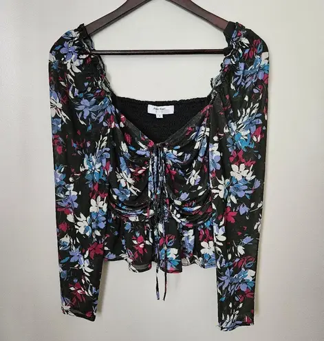 Peter Som Tie Detail Crop Top Floral Long Sleeve Casual Ruched Neutral Black
