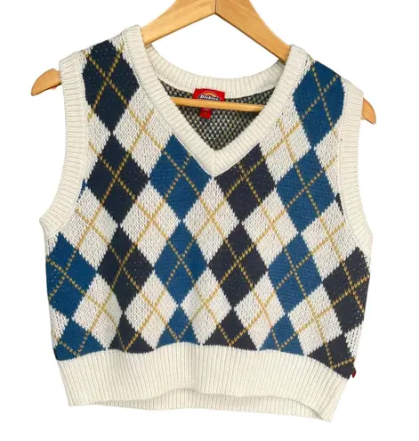 Dickies Juniors Argyle Sweater Vest Blue White Yellow Preppy Knit Pullover Large