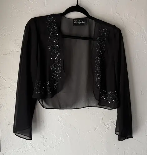 SL Fashions Sheer Embellished Vintage Y2k Jacket Womens Medium Beaded Sequin Black