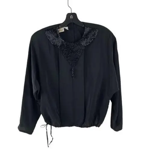 Oleg Cassini Vintage Beaded Silk Blouse Womens 14 Black Tie Waist Dolman Sleeve