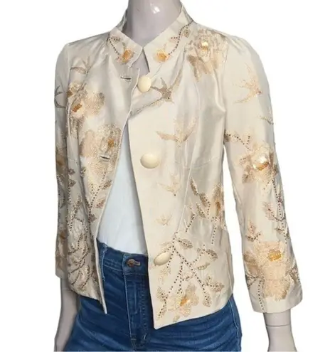 Tracy Reese New York Size 8 Tan Beige Embroidered Beaded Embellished Silk Jacket
