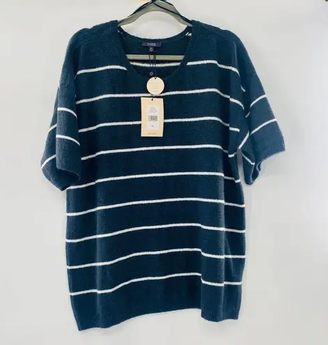 NYDJ Oxford Navy Striped Short Sleeve Crewneck Soft Sweater Top Size 0X NWT