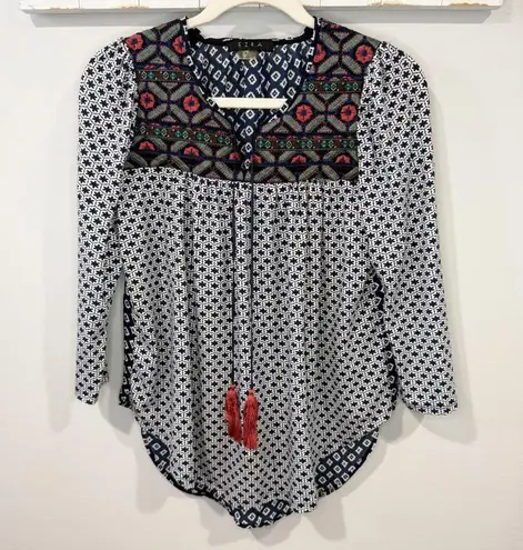 Ezra Boho Embroidered Tassel Blouse Navy White XS