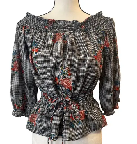 OLM Women’s Houndstooth Floral Top Size L Black Size L