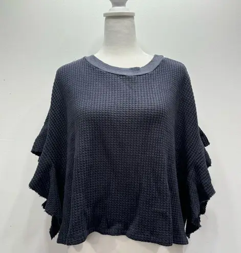 Edge NEW BUCKETLIST Navy Blue Waffle Knit Raw  Flutter Sleeve Slouchy Cropped Top