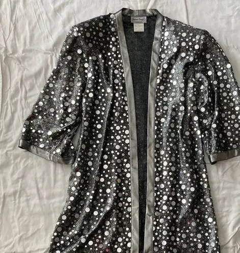 Vintage 1980s 1990s Glitzy Silver Pullover Long Duster Cardigan Disco Top Small