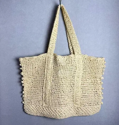 BTB Los Angeles Lisbeth Raffia Tote Unlined Pearl Detail Tan