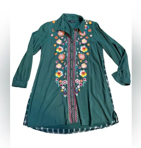 Andree by Unit Bold Green Oversized Floral Embroidered Button-Down Artsy Indie Vibes Sz S Indie