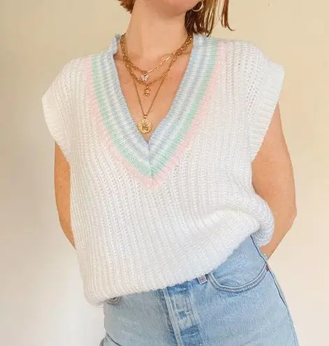 Vintage 1980s Memphis Jones White Pastel Striped Deep V Sweater Chunky Knit Vest Size L