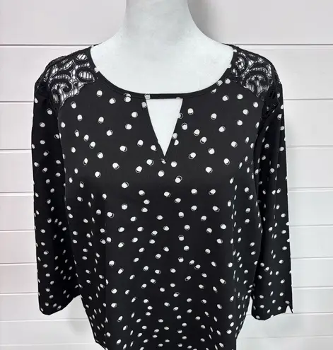 Van Heusen BLACK AND WHITE POLKA DOT BLOUSE WITH PEEKABOO VNECK AND LACE YOKE, L