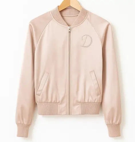 90s Vintage ACROBAT Womens Bomber Track Jacket Pink Silk Zip Up Rhinestone "D"