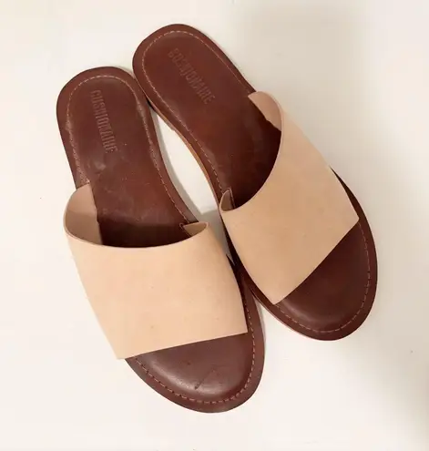 Cushionare Tan and Pink Slide Sandals with Wide Strap