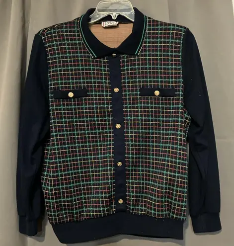 Cricket Lane Plaid Button Front Cardigan, Women's Large Sweater, Gold Buttons Black